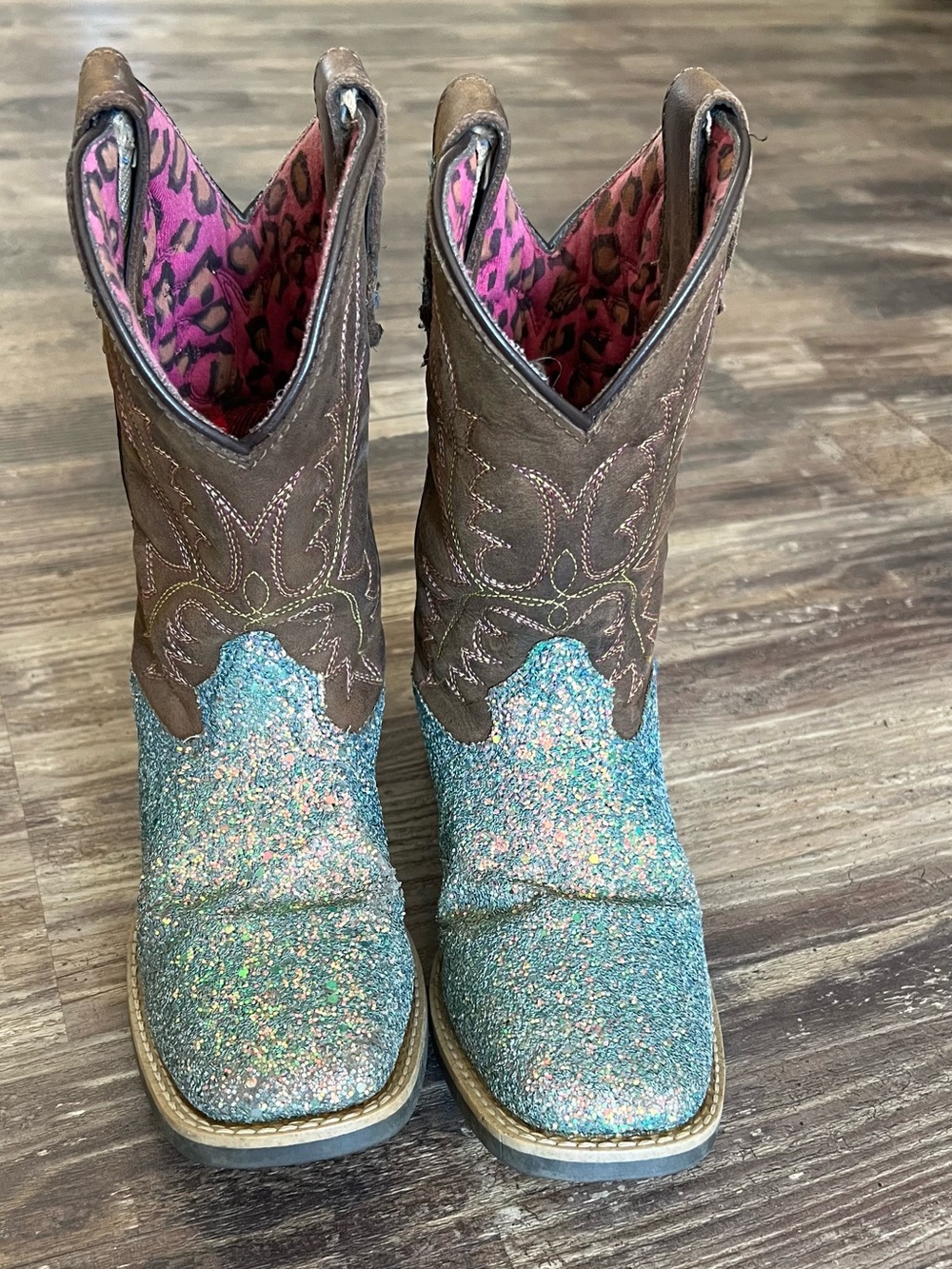 Girls Teal Glitter & Brown Western Boots - Stylish Pull-On